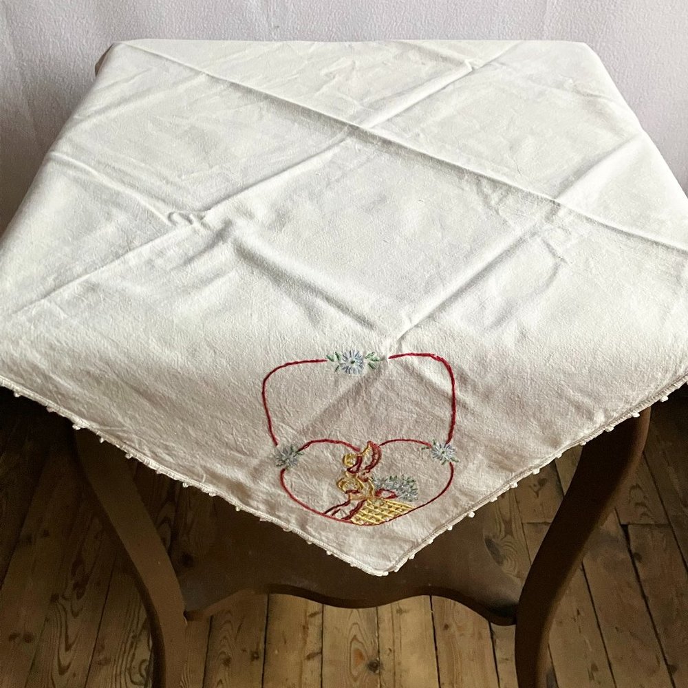 White Linen Embroidered Romantic Tablecloth Table Topper 33 x 34"